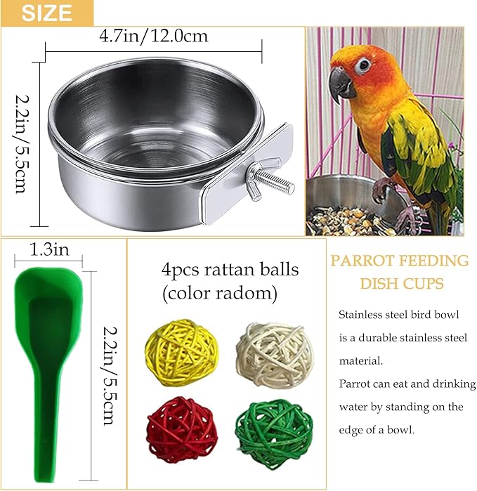 kathson Stainless Steel Bowls for Birds,4 Pcs Parrot Feeder Dish Cups,Bird Cage Water Food Bowl Coop Cup with Clamp Holder for Parrots Cockatiel Budgies Parakeet Lovebird(M)