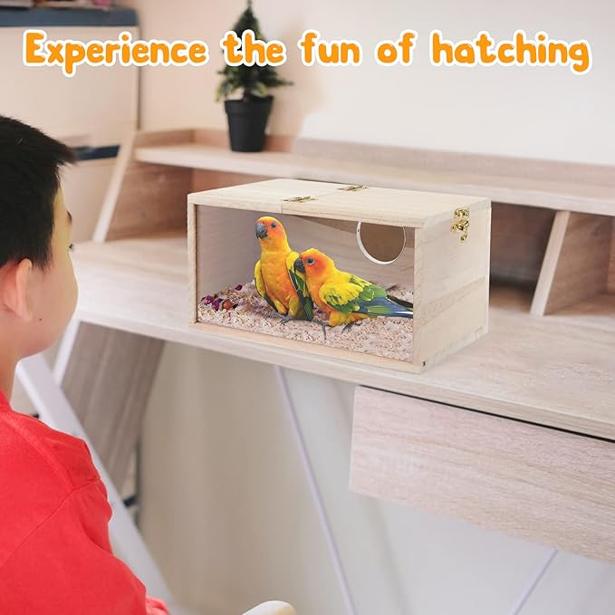 Rypet Parakeet Nesting Box Transparent Design, Bird Nest Breeding Box with Perch Wood Bird Cage House for Cockatiel Lovebirds Budgie Finch Parrotlets Canary