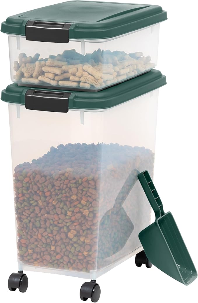 IRIS USA 30 lbs & 11 lbs Combo Airtight Dog Food Storage Container, Stackable Treat Box, 2-Cup Scoop, Wheels, Keep Fresh, Easy Mobility, Green