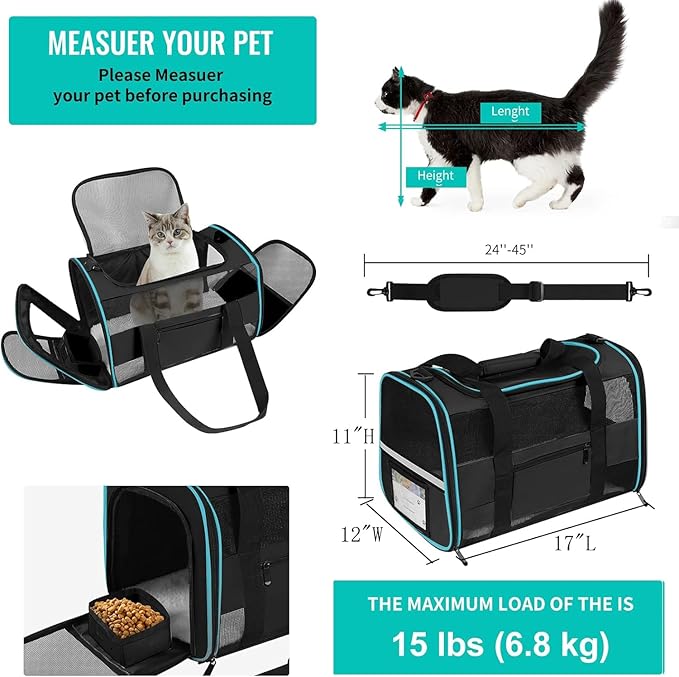 Cat Carrier Pet Carrier Airline Approved for Small Dogs Cats Puppies Collapsible Soft Sided Dog Travel Carrier Bag with Reflective Strip, Black