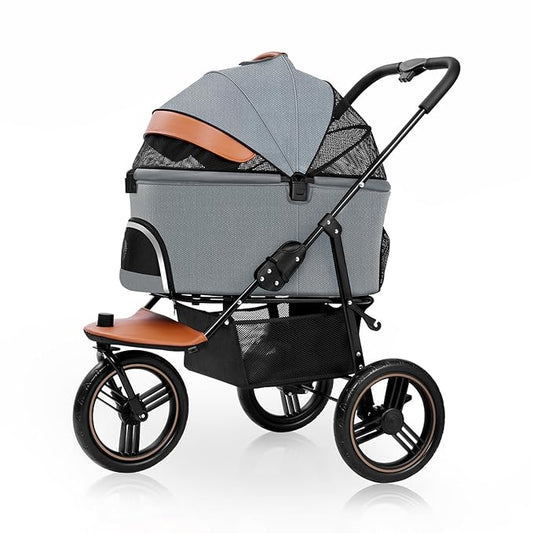 Dog Stroller for Medium Small Dogs, 3 in1 Pet Stroller Zipperless Dog Cat Jogger Stroller 3 Wheels with Detachable Dog Carriage, Storage Basket and One-Button Folding Frame for Pets Walk-Gray