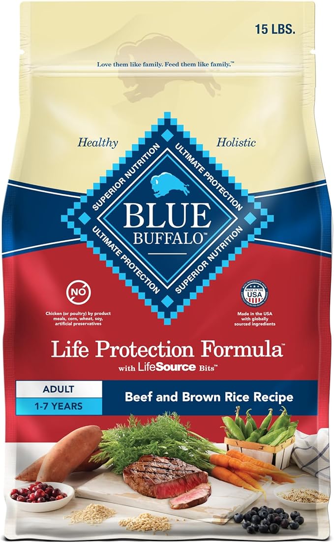 Blue Buffalo Life Protection Formula Adult Dry Dog Food, Helps Build and Maintain Strong Muscles, Made with Natural Ingredients, Beef & Brown Rice Recipe, 15-lb. Bag