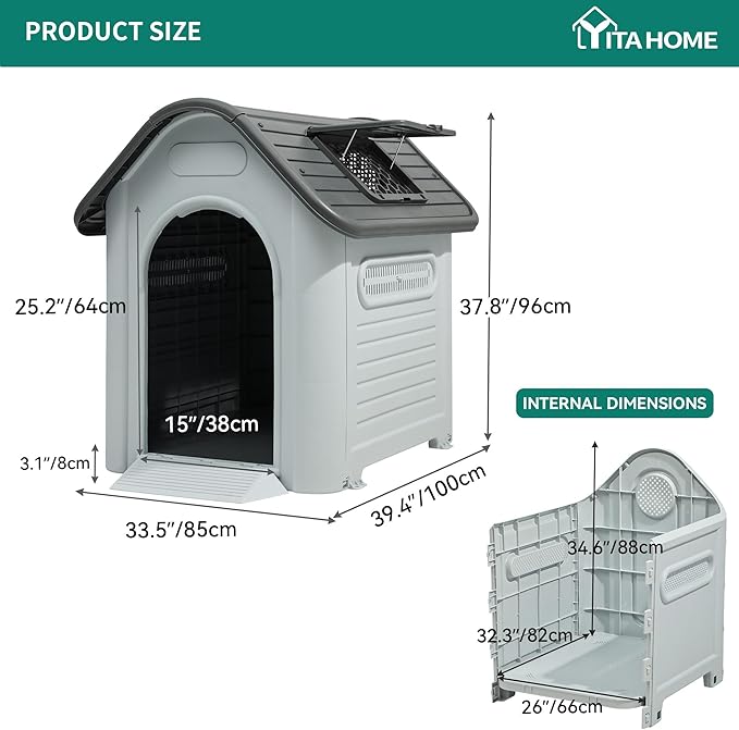 YITAHOME 39.4'' Large Dog House Outdoor Plastic Doghouse Water Resistant Pet House with Adjustable Skylight and Elevated Base for Small, Medium, and Large Dogs (39.4''L*33.5''W*37.8''H)