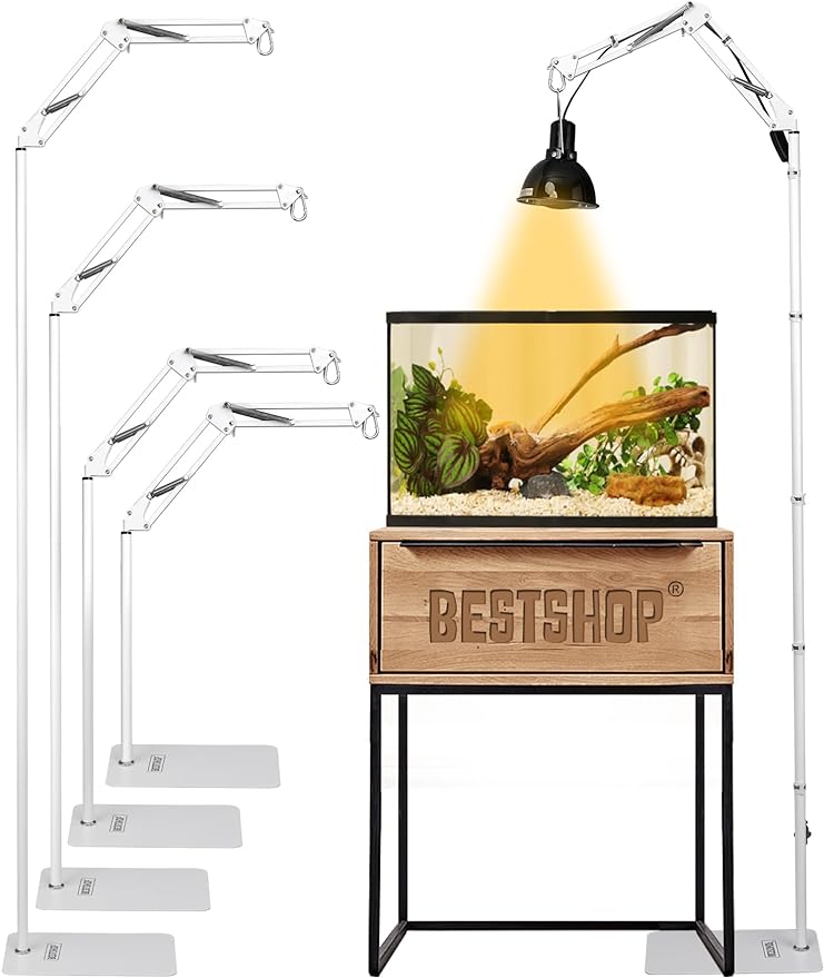 Reptile Lamp Stand, Heat Lamp Stand (15.7 to 74.3 inch) with Adjustable 360° Swing Arm for Terrarium, Reptile Heat Lamp Stand for Bearded Dragons, Turtles, and Chameleons (White)