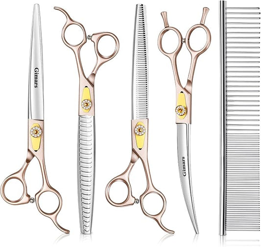 Gimars 8 Inch Professional 440C Stainless Steel Dog Grooming Scissors Heavy Duty 6 In 1 - Straight, Thinning, Chunker, Curved Shears and Comb, Ergonomic Pet Grooming Scissor for Dogs, Cats