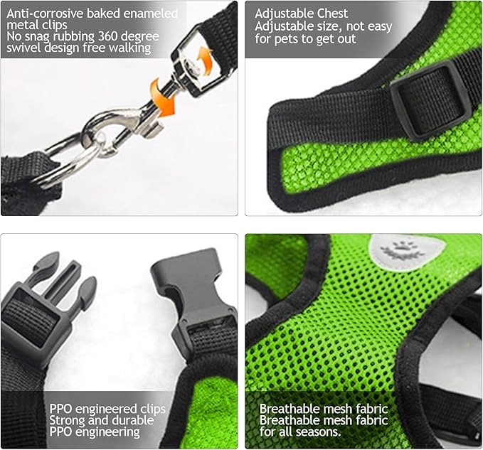 Summer cat Chest Harness and Leash, Anti-Escape Adjustable Soft mesh cat Leash and Chest Harness Set for All Types of Cats cat Vests (Size XL,Green)