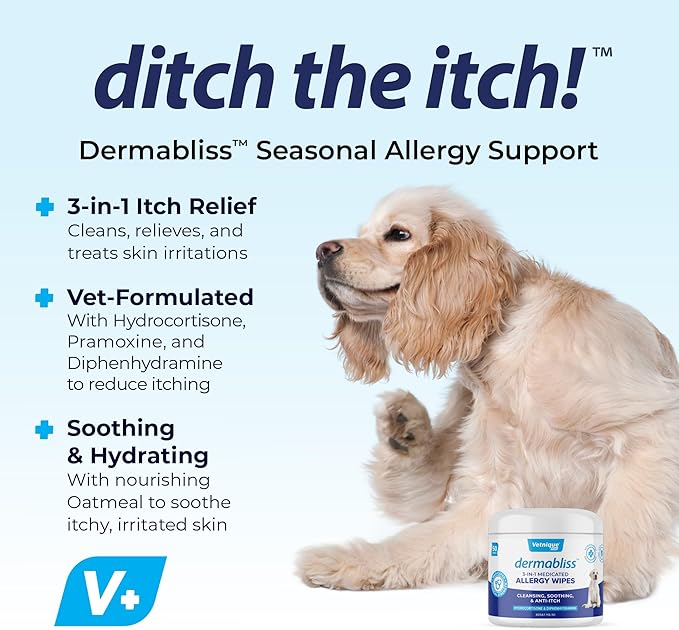 Vetnique Dermabliss 3-in-1 Medicated Dog Wipes - Relief for Itchy Skin, Allergies & Odor Control, Gentle No-Sting Formula, Antihistamine & Hydrocortisone Paw Wipes for Dogs & Cats 50ct