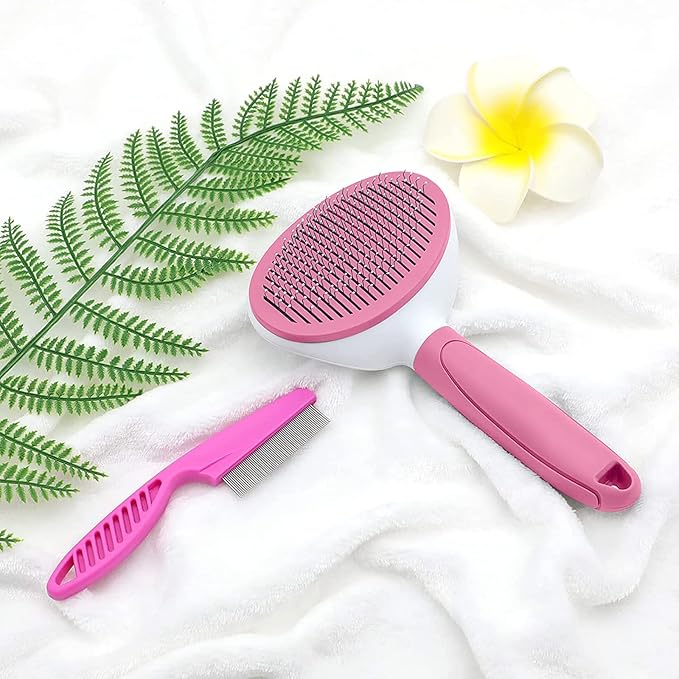 Cat Brushes for Indoor Cats, Dog Brush for Shedding with Metal Cat Comb, Self Cleaning Pet Hair Brush with Release Button for Grooming Kitten(Pink)