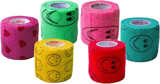 2 Inch Vet Wrap Tape Bulk (Smile Pattern in Yellow, Red, Teal, Neon Green, Neon Pink and Pink with Red Heart Pattern) (Pack of 24) Self Adhesive Adherent Adhering Flex Bandage Grip Roll Dog Cat