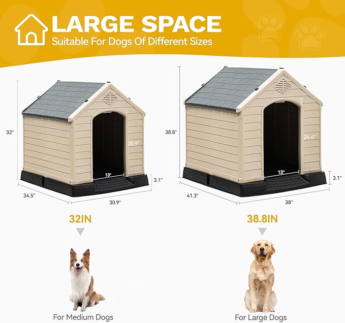 DWVO Spacious and Durable Dog House for Small to Medium Dogs, Indoor & Outdoor Use, Weather Resistant, Easy to Assemble (34.5''L*30.9''W*32''H, Brown)