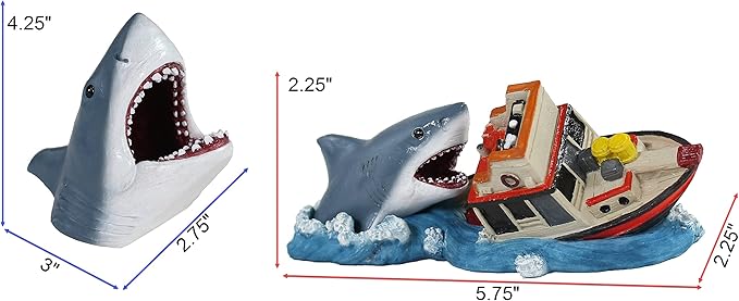 Penn-Plax Jaws Officially Licensed 2-Piece Aquarium Ornament Bundle – Comes with Boat Attack and Shark Swim-Through – Small