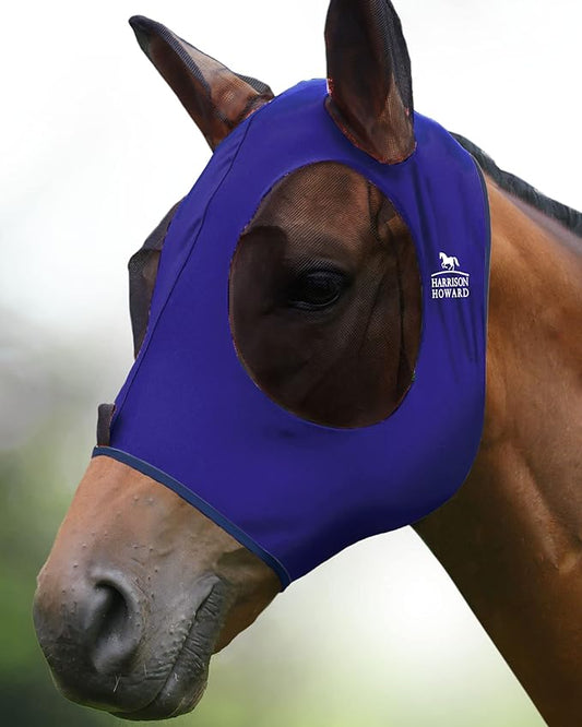Harrison Howard Super Comfort Stretchy Fly Mask Large Eye Space with UV Protection Soft on Skin with Breathability Navy Blue XL Extra Full Size