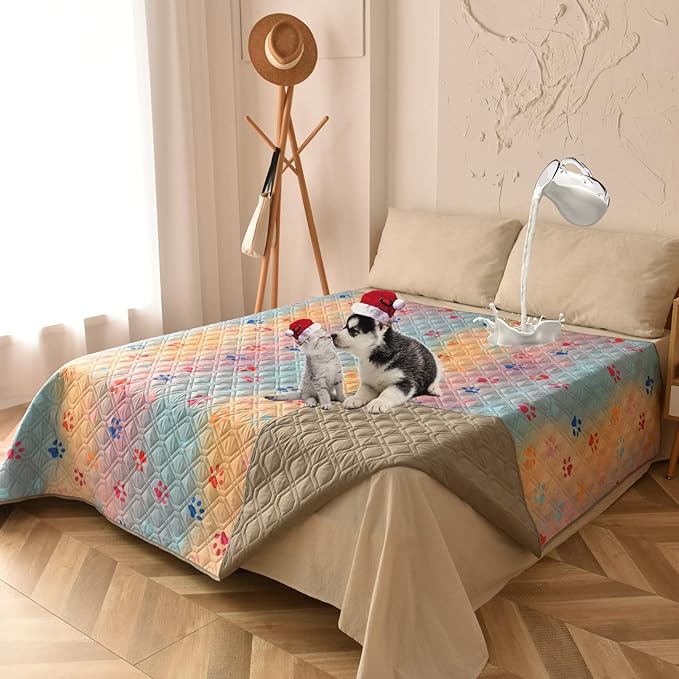 100% Waterproof Dog Bed Cover 102x82 in Reversible Changing Pad Reusable Camping Mat for Kids/Pet/Dog/Cat Washable Geometric Embroidery Blanket Patchwork Rainbow Dog Paw Printed+Gray