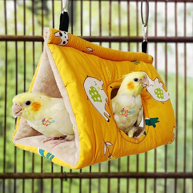 Rypet Winter Warm Bird Nest House - Hanging Hammock Velvet Shed Hut Cage Plush Fluffy Birds Hideaway Sleeping Bed Fuzzy for African Grey Cockatoo and Other Amazon Parrot Large（Yellow）