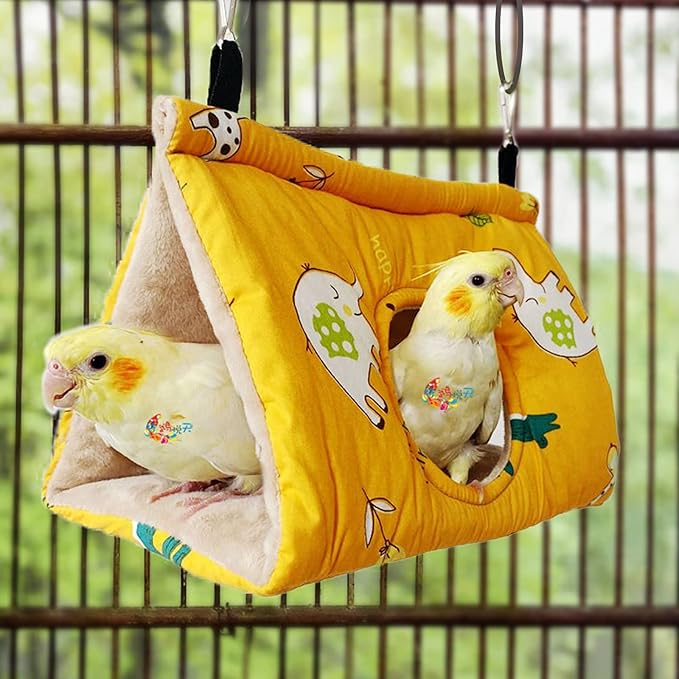 Rypet Winter Warm Bird Nest House - Hanging Hammock Velvet Shed Hut Cage Plush Fluffy Birds Hideaway Sleeping Bed Fuzzy for Parrot Parakeet Cockatiels Budgies Lovebird Medium（Yellow）