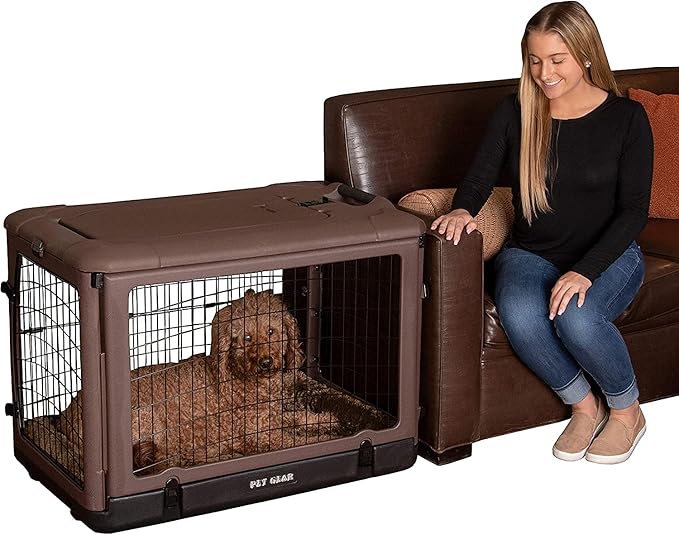 Pet Gear “The Other Door” 4 Door Steel Crate for Dogs/Cats with Garage-Style Door, includes Plush Bed + Travel Bag, No Tools Required, 3 Models, 3 colors