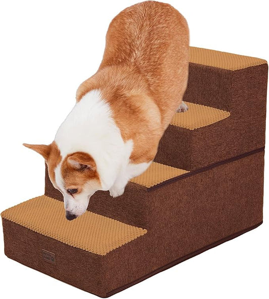 Dog Stairs for Small Dogs - Foam Pet Steps for High Beds and Couch, Non-Slip Folding Dog Steps Portable Pet Stairs for Large Dog and Cats,4 Step, Brown