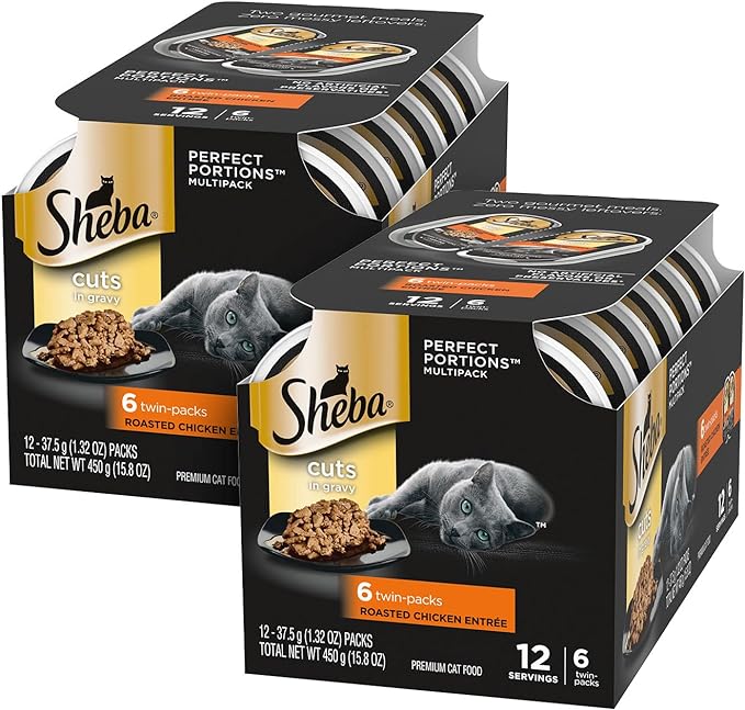 SHEBA PERFECT PORTIONS Cuts in Gravy Wet Cat Food Trays (12 Count, 24 Servings), Roasted Chicken Entrée, Easy Peel Twin-Pack Trays