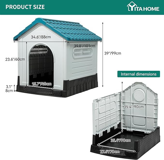 YITAHOME 41.3'' Folding Large Dog House Outdoor Plastic Doghouse with Adjustable Skylight and Elevated Base Water Resistant Pet House for Small, Medium, and Large Dogs (41.3''L*34.6''W*39''H)