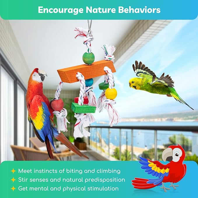 Nobleza Bird Toys, 2 Pack Parrot Chew Toys with Nature Wood Non-Toxic Safe Cotton Rope, Colorful Foraging Toys Bird Cage Accessories for Parrots, Cockatiels, Parakeets, Budgies