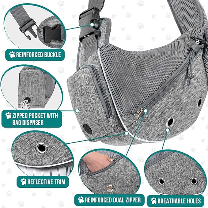 PetAmi Dog Sling Carrier for Small Dogs, Puppy Carrier Sling Purse, Dog Bags For Traveling, Carrying Bag to Wear Medium Cat, Adjustable Crossbody Pet Sling Travel, Poop Bag Dispenser, Max 10 lbs, Gray