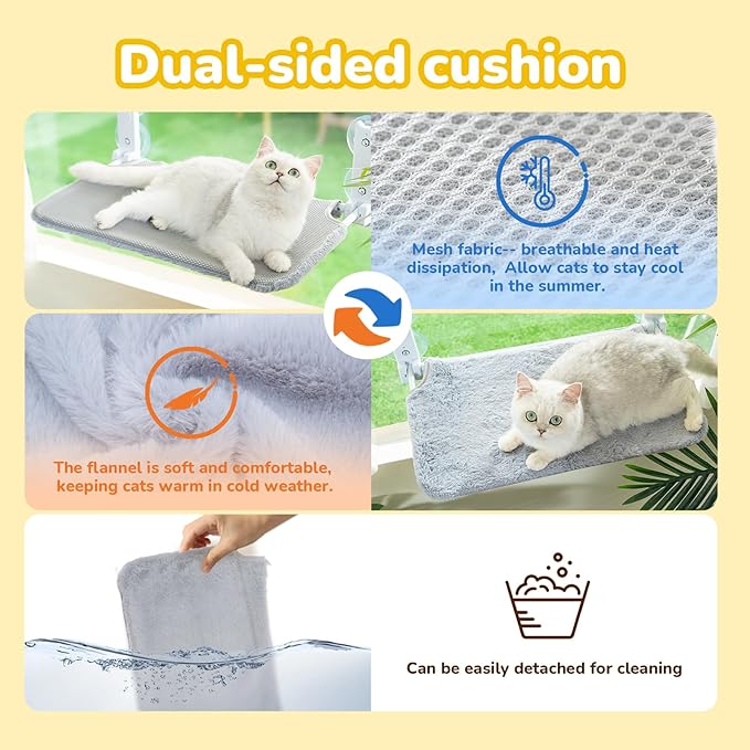 Foldable Cat Window Perch, Cordless Cat Hammock Window with 4 Strong Suction Cups, Cat Beds for Indoor Cats, Solid Metal Frame Holds 44lbs, Reversible Cover, 20.4L'' x 11.8W'', Grey