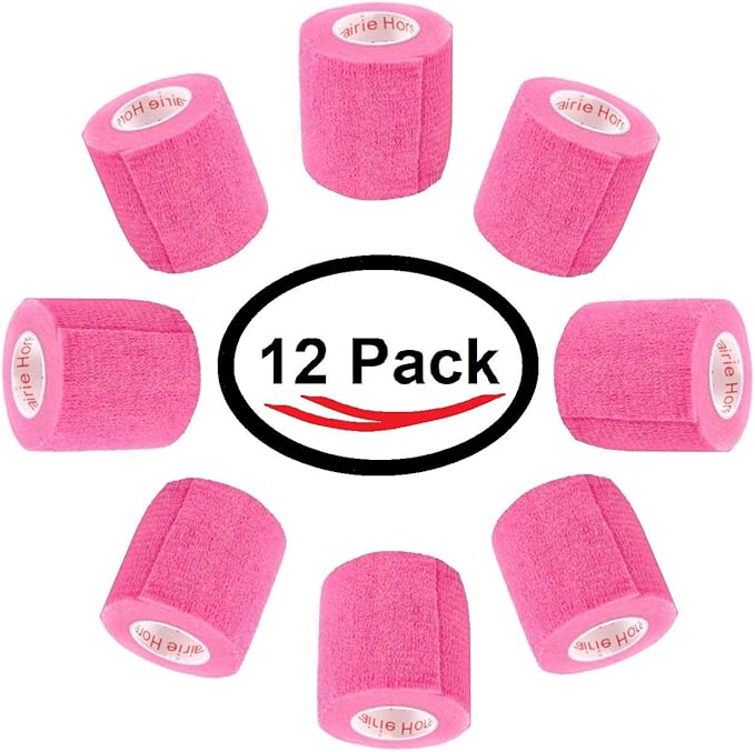 2 Inch Vet Wrap Tape Bulk (Neon Pink) (Pack of 12) Self Adhesive Adherent Adhering Flex Bandage Grip Roll for Dog Cat Pet Horse