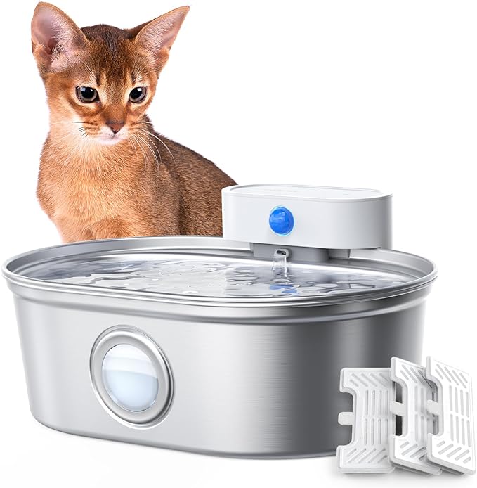 uahpet Upgrade Stainless Steel Cat Water Fountain Pro, Battery Operated Cat Fountain, Pet Water Dispenser for Cats Dogs with Water Level Window, 67oz/2L