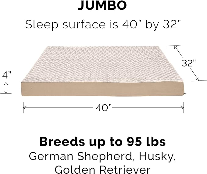 Furhaven Memory Foam Dog Bed for Large Dogs w/ Removable Washable Cover, For Dogs Up to 95 lbs - Ultra Plush Faux Fur & Suede Mattress - Cream, Jumbo/XL