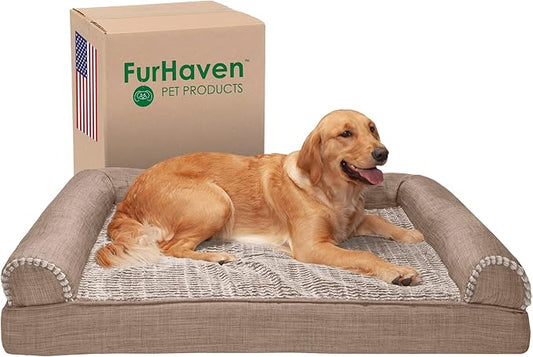 Furhaven Cooling Gel Dog Bed for Large Dogs w/ Removable Bolsters & Washable Cover, For Dogs Up to 95 lbs - Luxe Faux Fur & Performance Linen Sofa - Woodsmoke, Jumbo/XL