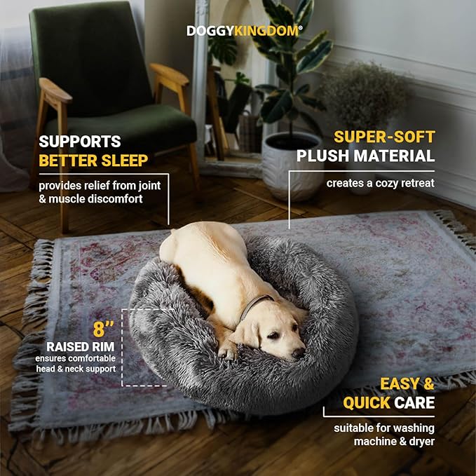 Calming Round Donut Dog Bed Pillow, Washable, Anti Anxiety, Anti-Slip, Cozy Soft Cuddler Comfort Bed with Fluffy Plush Faux Fur for large medium small Sized Dog - Gray, XS 24 inch