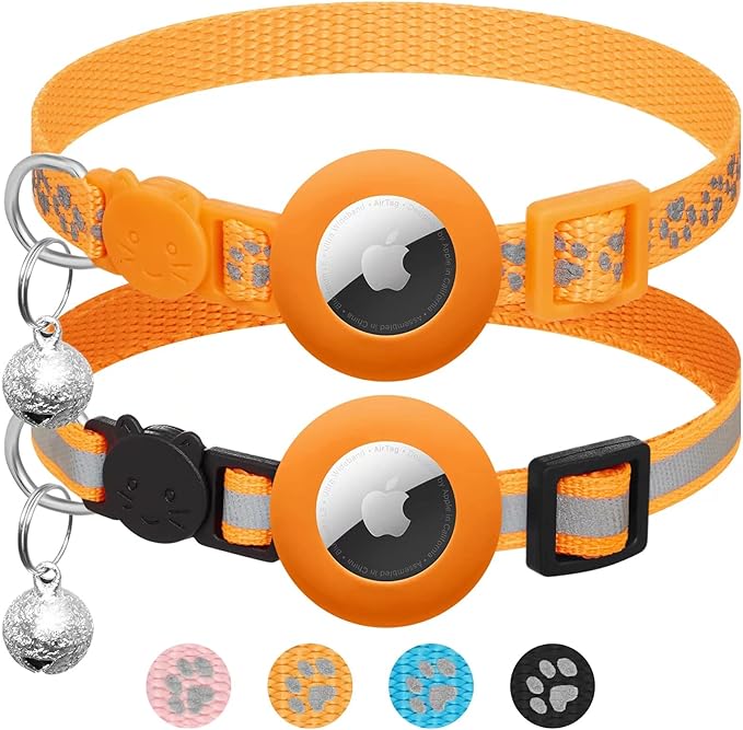 2 Pack Airtag Cat Collar Breakaway with Bell,Reflective Kitten Collar with Apple Airtag Cat Collar Holder,Adjustable 7-12In,Safety Buckle for Girl Boy Cats,Pet Supplies,Accessories,Gifts(Orange)