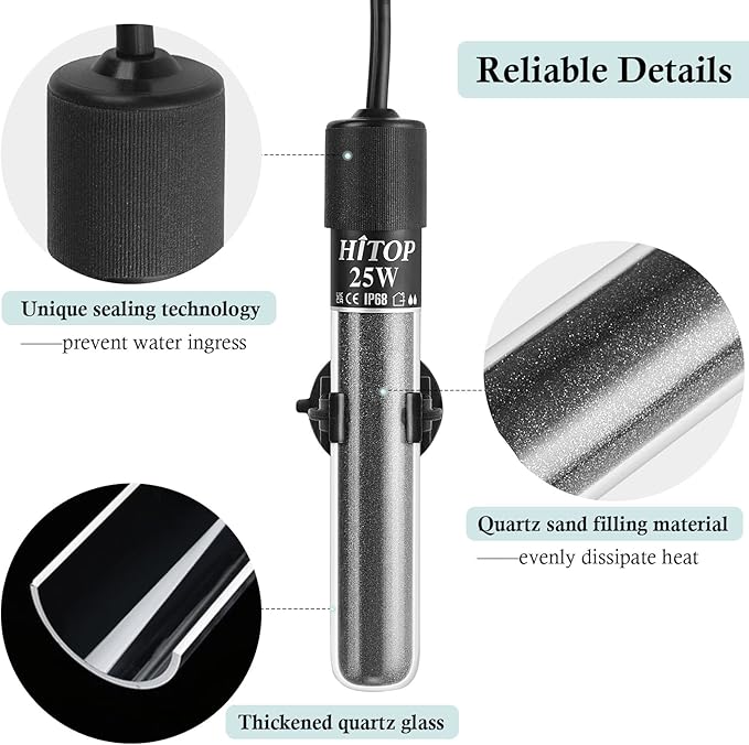 HITOP Mini Submersible Aquarium Heater - 25W 50W 100W 200W 300W Small Heater for Fish Tank 1-70 Gallon with Controller (25W)