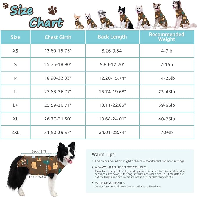 Recovery Suit for Dogs, Dog Surgery Recovery Suit with Zipper Closure Post Spay, Neuter, Abdominal Surgical Suit for Male Female Dogs Can Pee, Prevent Licking Dog Onesies, Brown Bear, L