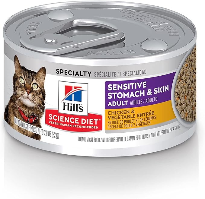 Hill's Science Diet Sensitive Stomach & Skin, Adult 1-6, Stomach & Skin Sensitivity Support, Wet Cat Food, Chicken & Vegetables Minced, 2.9 oz Can, Case of 24