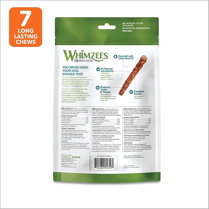 WHIMZEES Natural Grain Free Daily Dental Long Lasting Dog Treats, Veggie Sausage, Large, Bag of 7