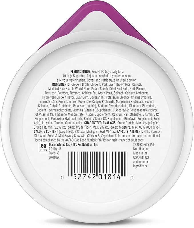 Hill's Science Diet Small & Mini, Adult 1-6, Small & Mini Breeds Premium Nutrition, Wet Dog Food, Chicken & Vegetables Stew, 3.5 oz Tray, Case of 12