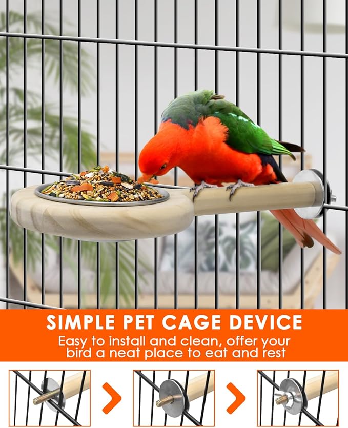 KATUMO Bird Perch Bird Feeding Cup Parrot Wood Perch Stand Toy Bird Cage Accessory for Parakeet Lovebird Cockatiel Conure Budgie Small Parrots