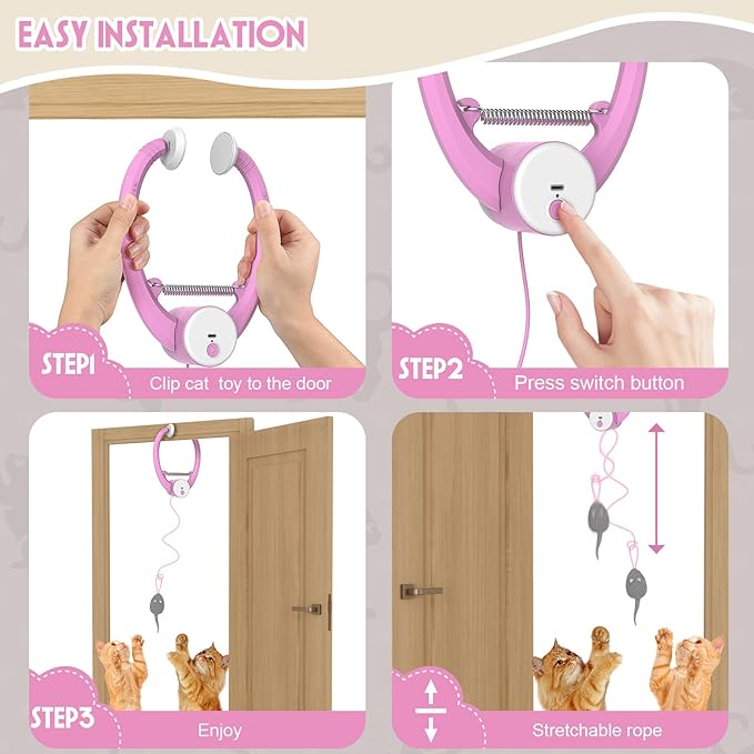 Cat Toy Interactive for Indoor Cats, Smart USB Rechargeable Door Hanging Automatic Retractable Kitten Toys, Teaser Electronic Self Play Feather Cat String Toys Attached with 3 Catnip Mice Purple