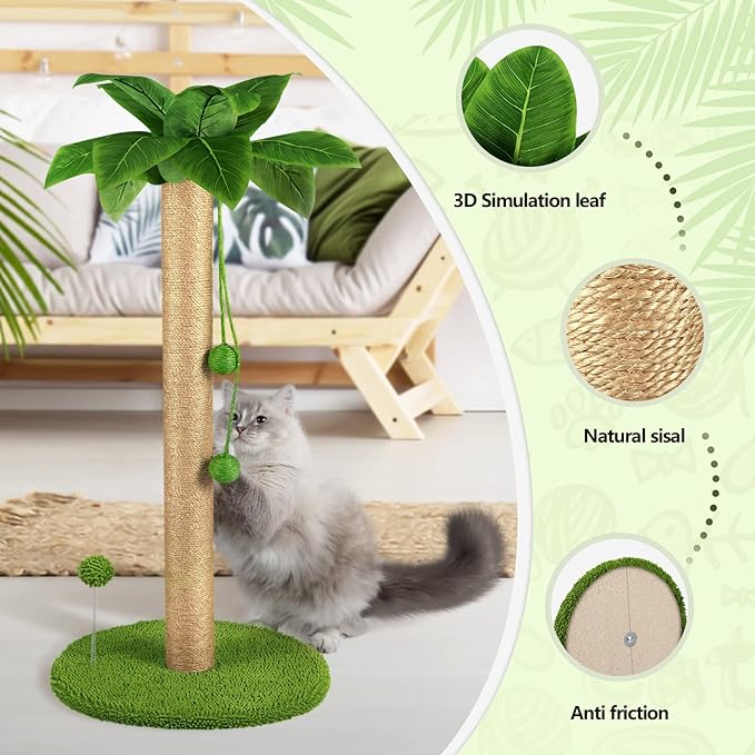 Cat Scratching Post, 31" Tall Scratch Tree with Premium Sisal Rope, Two Interactive Dangling Balls and Spring Ball Toys for Indoor Kittens and Cats