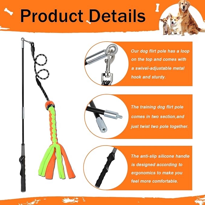 Flirt Pole for Dogs, Interactive Dog Toys Teaser Wand Play Pole with Fleece Rope Lure Chewing Toy for Small Medium Large Dogs Puppy Outdoor Exercise & Training …