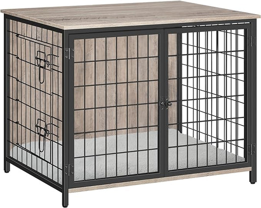 Dog Crate Furniture with Cushion, Wooden Dog Kennel with Double Doors, Heavy Duty Dog Cage for Small/Medium/Large Dogs, Indoor Dog House End Table, 31.5" L, Greige DCHG0701