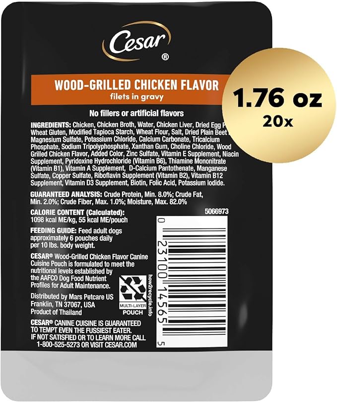 Cesar Filets in Gravy Wet Dog Food Wood-Grilled Chicken Flavor, 1.76 oz. Mini-Pouch, 20 Pack