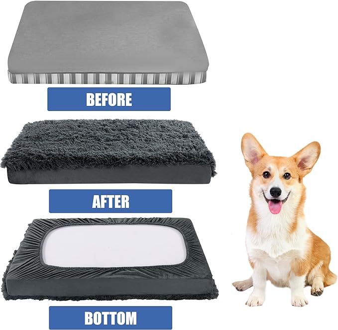 HOMBYS Waterproof Dog Bed Cover Soft Long Plush Replacement & Washable Pet Bed Cover with Elastic Band Protect Dog Pad, Mat from Water, Puppy Bed Cover for Dog/Cat, Cover Only-35x44x6 inches