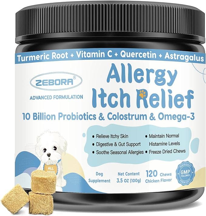 Dog Allergy Relief Chews, with Probiotics, Omega 3, Colostrum - Dog Itching Skin & Ears Relief, Herbal Dog Skin & Coat Supplement, Gut & Immune Support, Hot Spot Treatment, Anti Seasonal Allergies