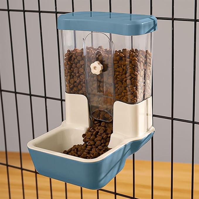 Hanging Automatic Food Dispenser, 27oz Large Capacity Hanging Pet Cage Feeder for Rabbit Bird Chinchilla Hedgehog Guinea Pig Ferret Kitty Puppy (Blue)