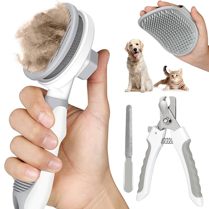 4PCS Cat Grooming Kit | Cat Brushes for indoor Cats | Cat Nail Clipper with Nail File | Cat Bath Brush | For Long and Short Haired Cats and Dogs - Premium Cat Supplies