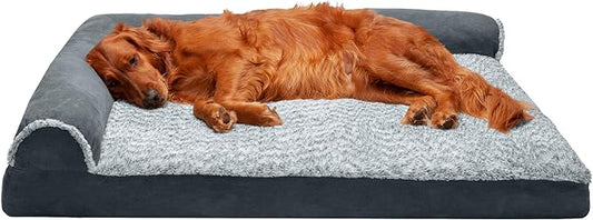 Furhaven Memory Foam Dog Bed for Large Dogs w/ Removable Bolsters & Washable Cover, For Dogs Up to 95 lbs - Two-Tone Plush Faux Fur & Suede L Shaped Chaise - Stone Gray, Jumbo/XL
