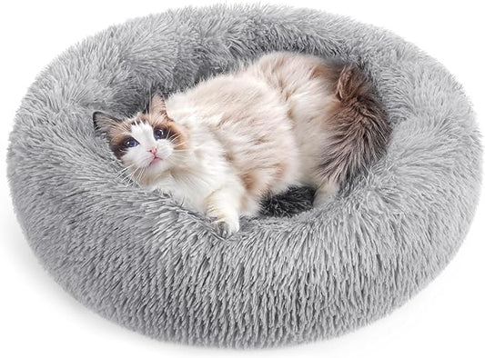 rabbitgoo Cat Beds for Indoor Cats, 24 inches Cat Bed Machine Washable, Fluffy Round Pet Bed Non-Slip, Calming Soft Plush Donut Cuddler Cushion Self Warming for Small Dogs Kittens, Light Grey, Large