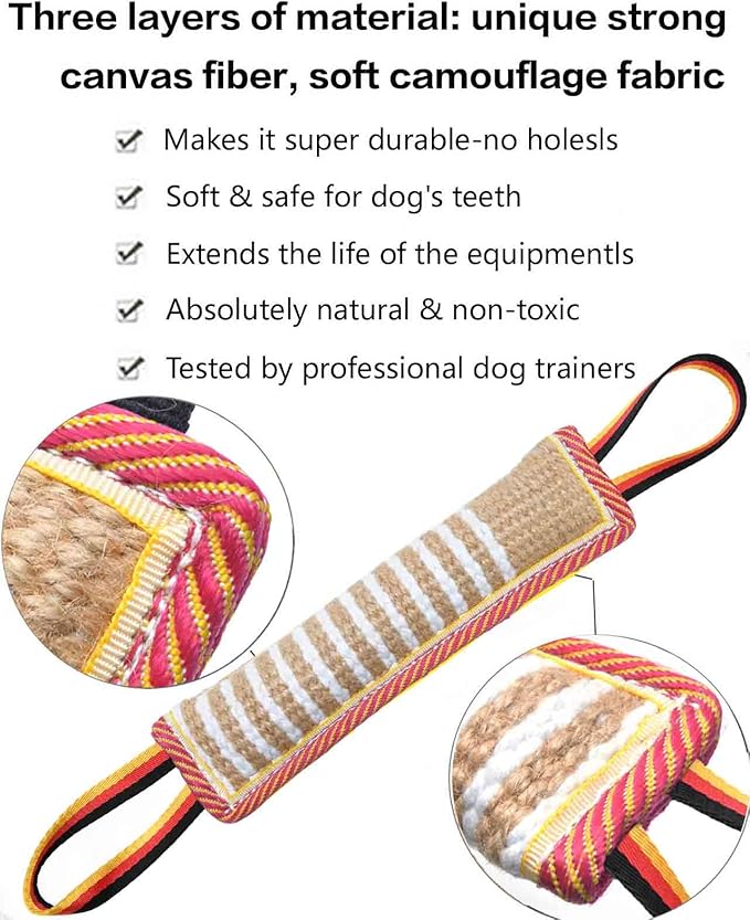 Dog Tug Toy Dog Tough Jute Bite Pillow - Lasting Training Equipment - Two Flag Handles Puppy to Large Dogs Interactive Toy war toys for aggressive chewers.